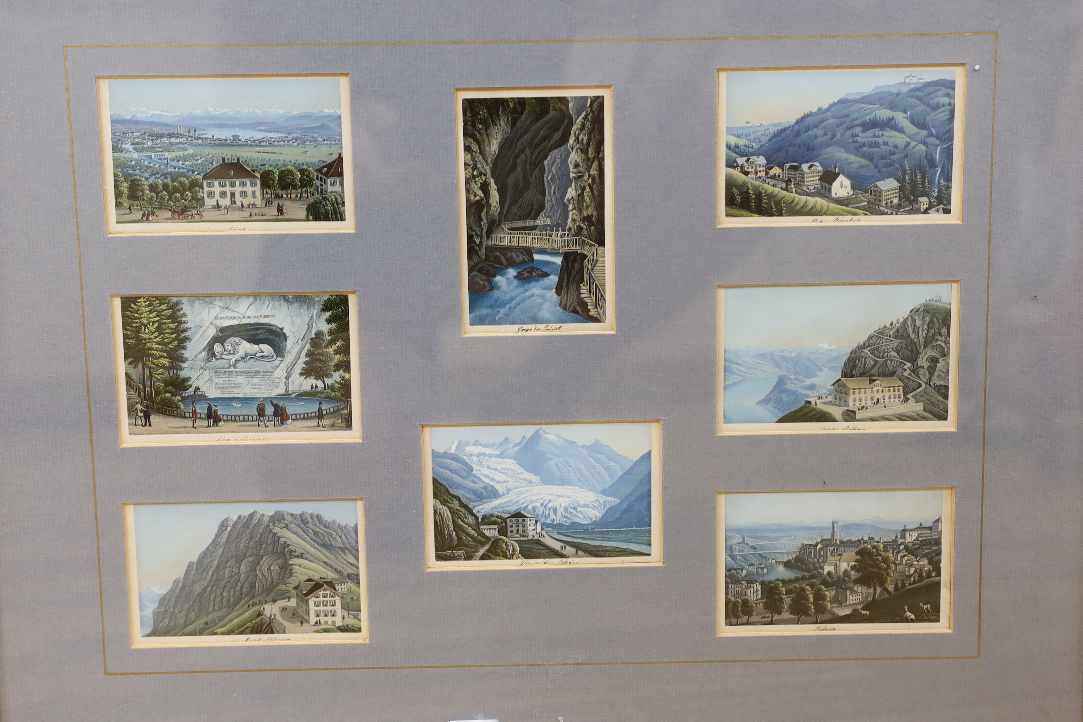 Anglo-Chinese School, watercolour, Figures on the waterside with temple beyond, possibly an overpainted print, 15 x 24cm, and a framed set of eight Swiss topographical printed views